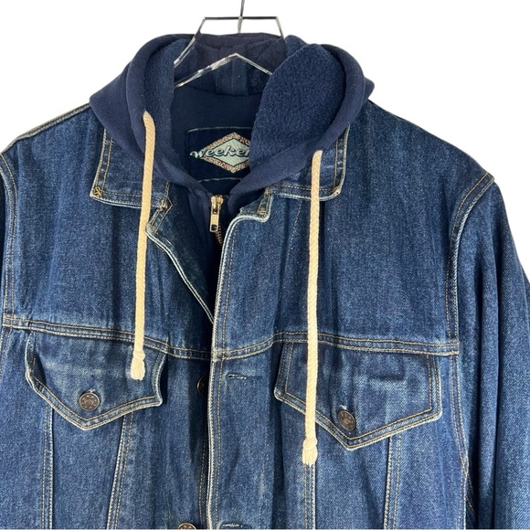 VINTAGE WEEKENDS Blue Denim Jean Jacket with Navy Blue Fleece Hood Medium - Picture 2 of 10
